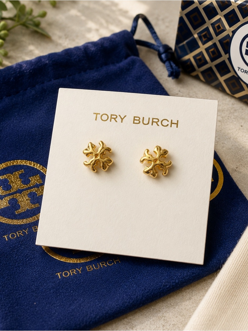 Tory Burch Gold Tone Floral Logo Stud Earrings